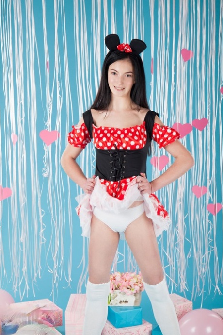 Adorable teen Georgia doffs cosplay attire to pose nude in white OTK socks 78144394