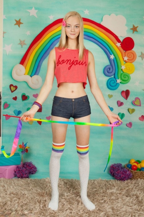 Tall teen with blonde hair Natasha rolls off OTK socks to pose totally naked 42444522
