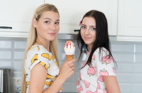 Young looking girls gets totally naked after sharing an ice cream cone 66980455