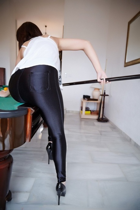 Hot girl Helen G goes topless on a pool table in skin tight pants 91209289