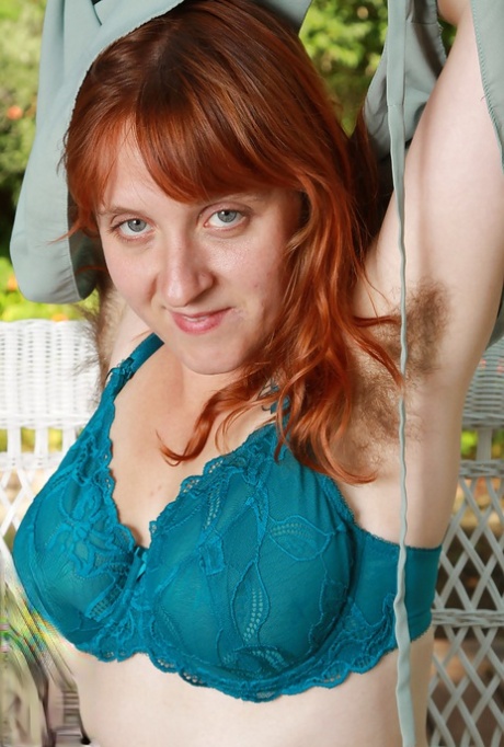 Lusty redhead lassie with hairy legs reveals her saggy jugs and bushy cunt 42514695
