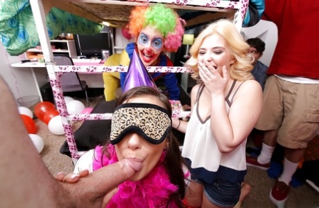 Coed Gia Paige and blindfolded gf suck cock and lick twat at birthday party 87074969