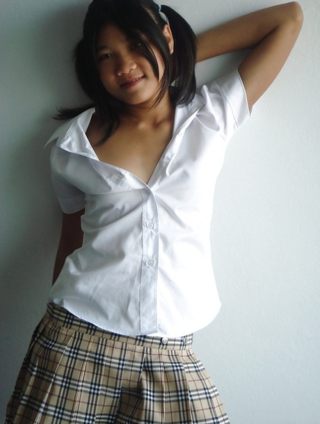 Asian cutie in mini skirt and stockings stripping and playing with a dildo 22965140