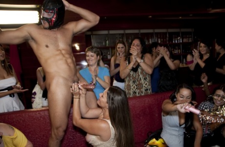 Slutty party girls showing off their cock sucking skills on male strippers